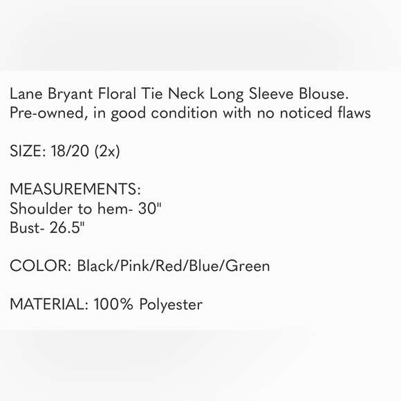 Lane Bryant Floral Tie Neck Blouse Sz 18/20 - Picture 6 of 6